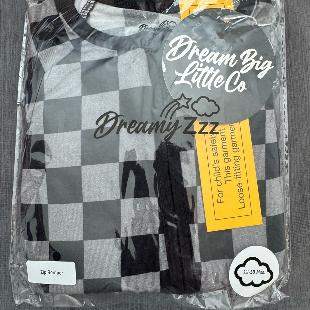 Dream Big Little Co charcoal checkers dream romper zip pajamas